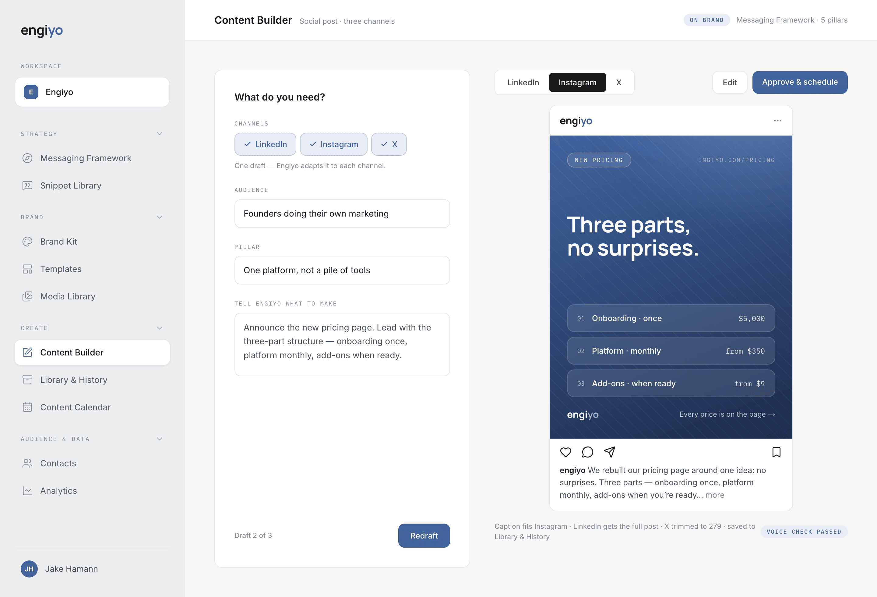 The Engiyo Content Builder authoring one social post for LinkedIn, Instagram, and X, previewed as the Instagram post with its 4:5 graphic