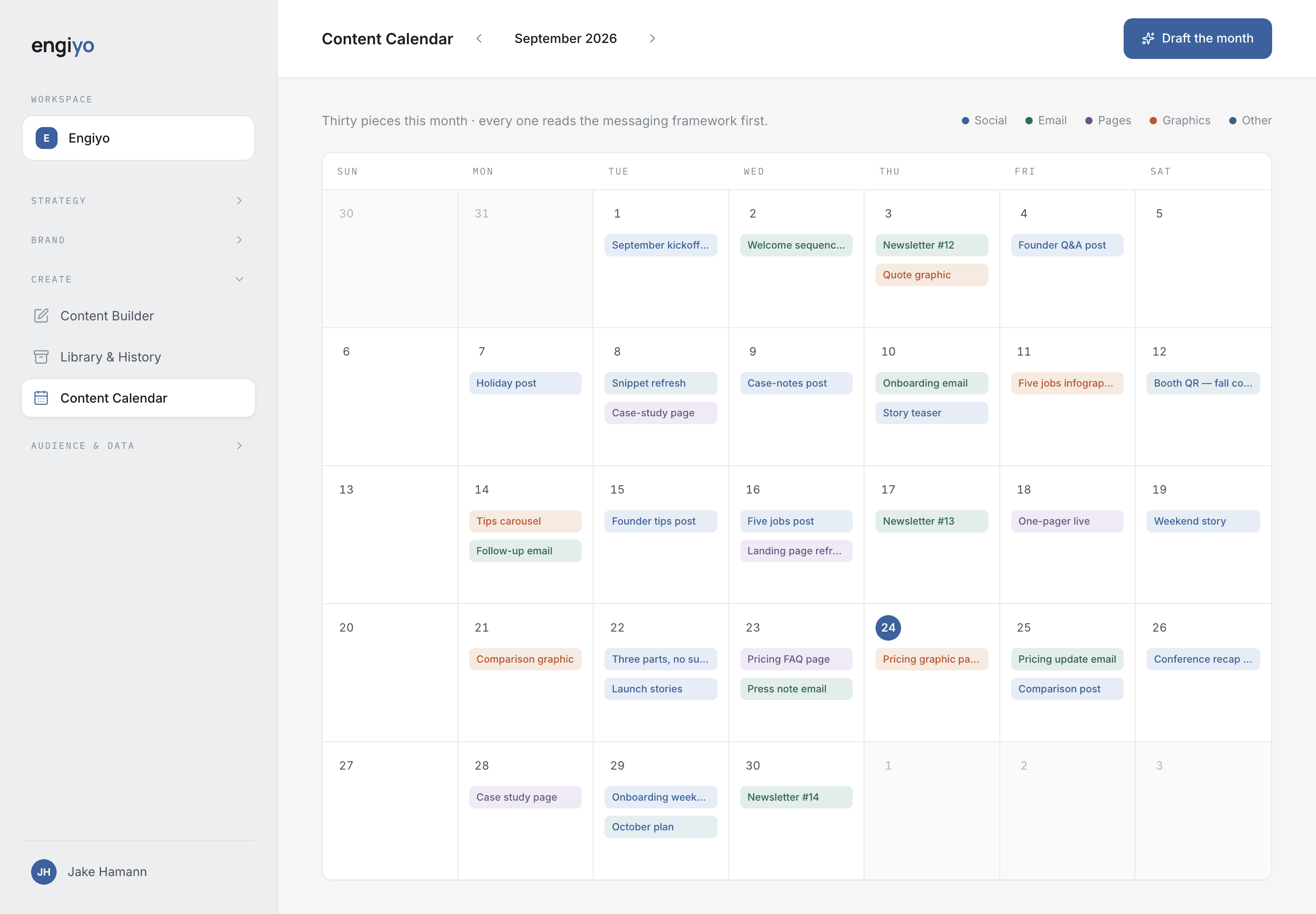 The Engiyo Content Calendar: September planned out with shipped and scheduled pieces on their days