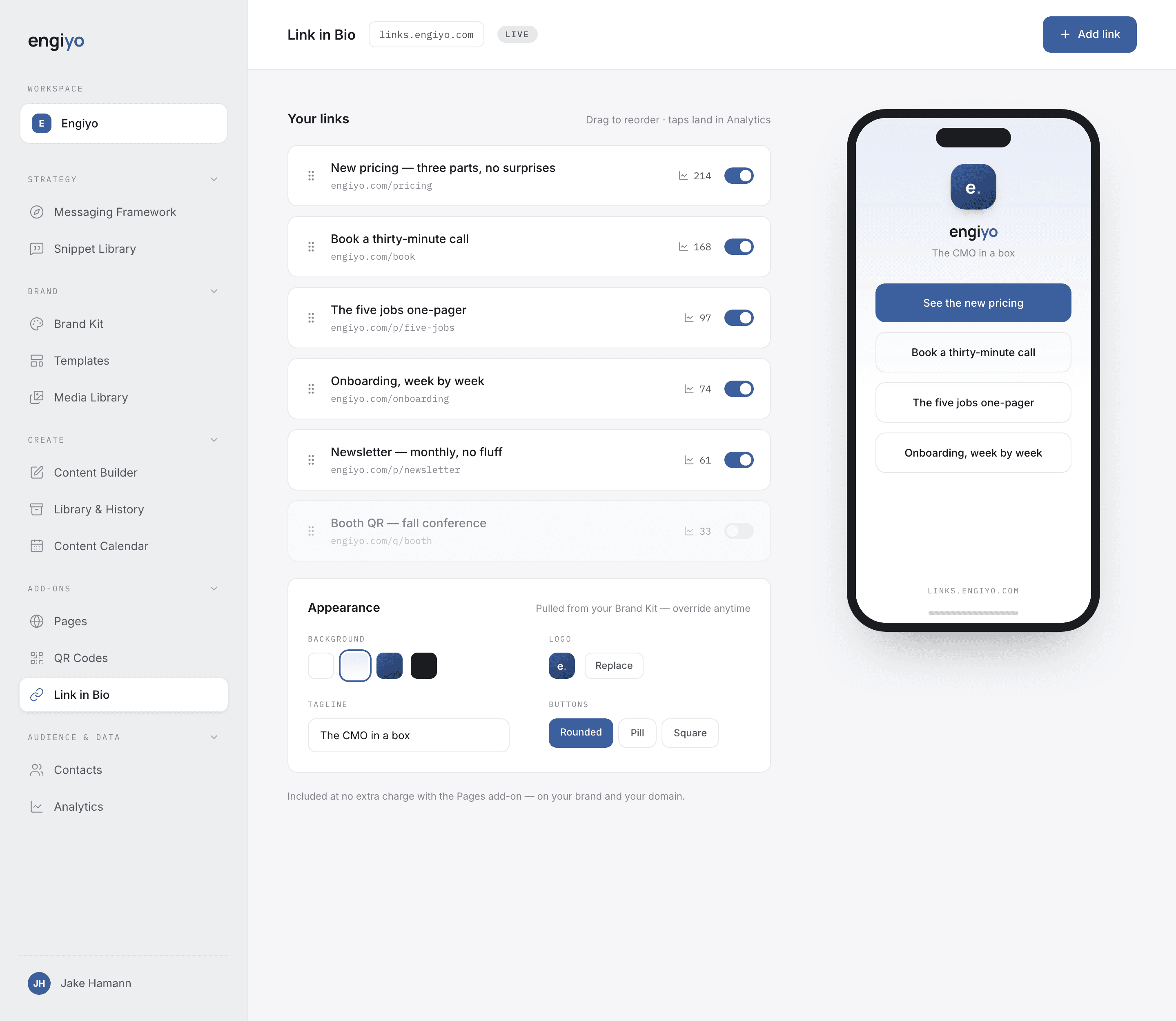 The Engiyo Link in Bio add-on: a reorderable link list with per-link taps, and the branded hub previewed in a phone